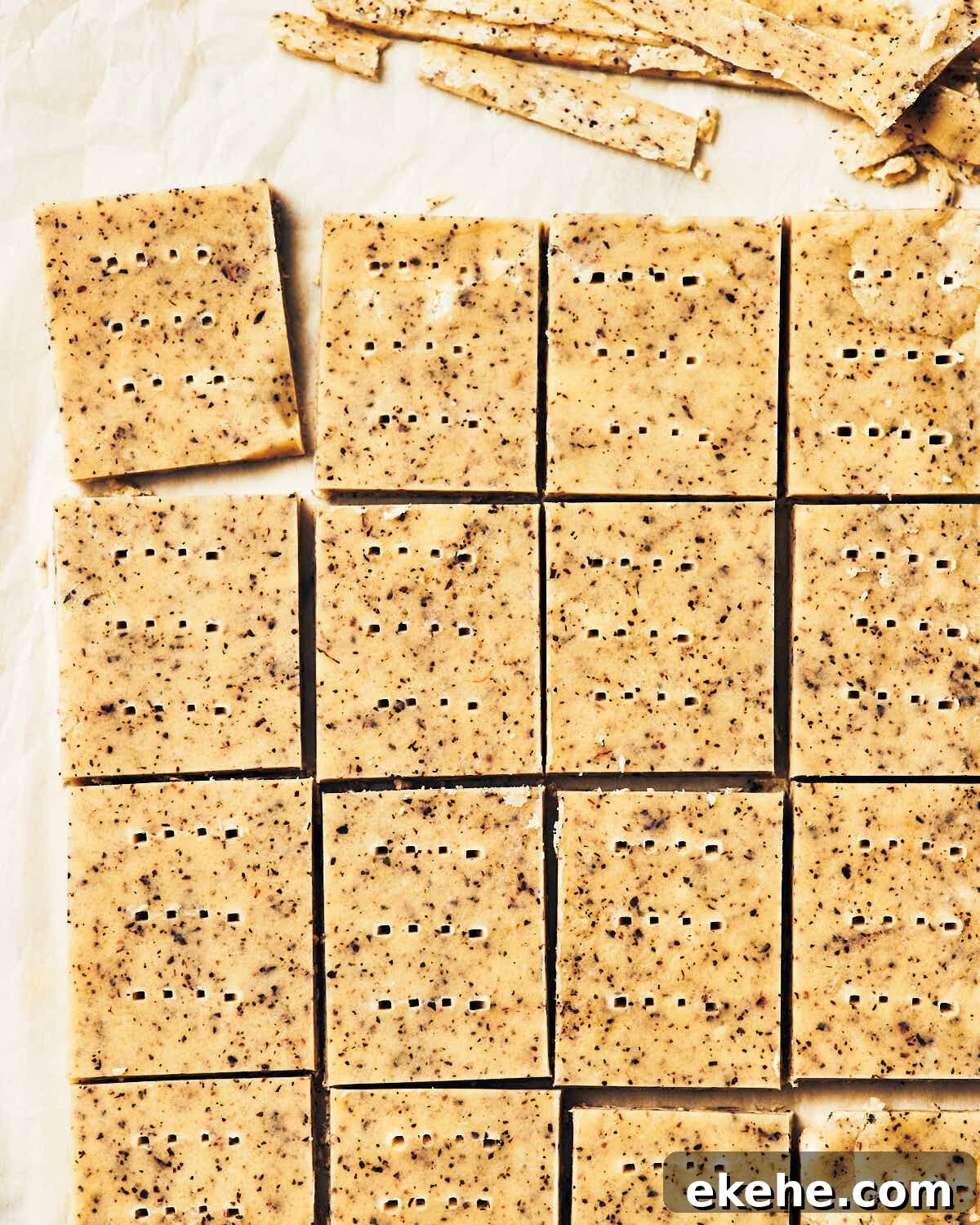 Chilled earl grey cookie dough cut into squares and poked with fork before baking.