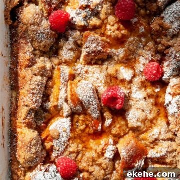 easy make-ahead overnight brioche French toast casserole soaked in a sweet maple syrup and oat milk custard, topped with a buttery cinnamon streusel.