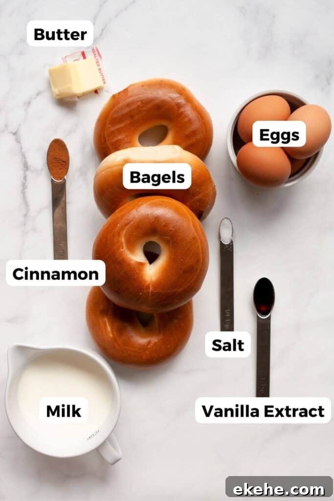 all ingredients in French toast bagels recipe including plain bagels, milk, vanilla extract, eggs, salt, maple syrup, and cinnamon