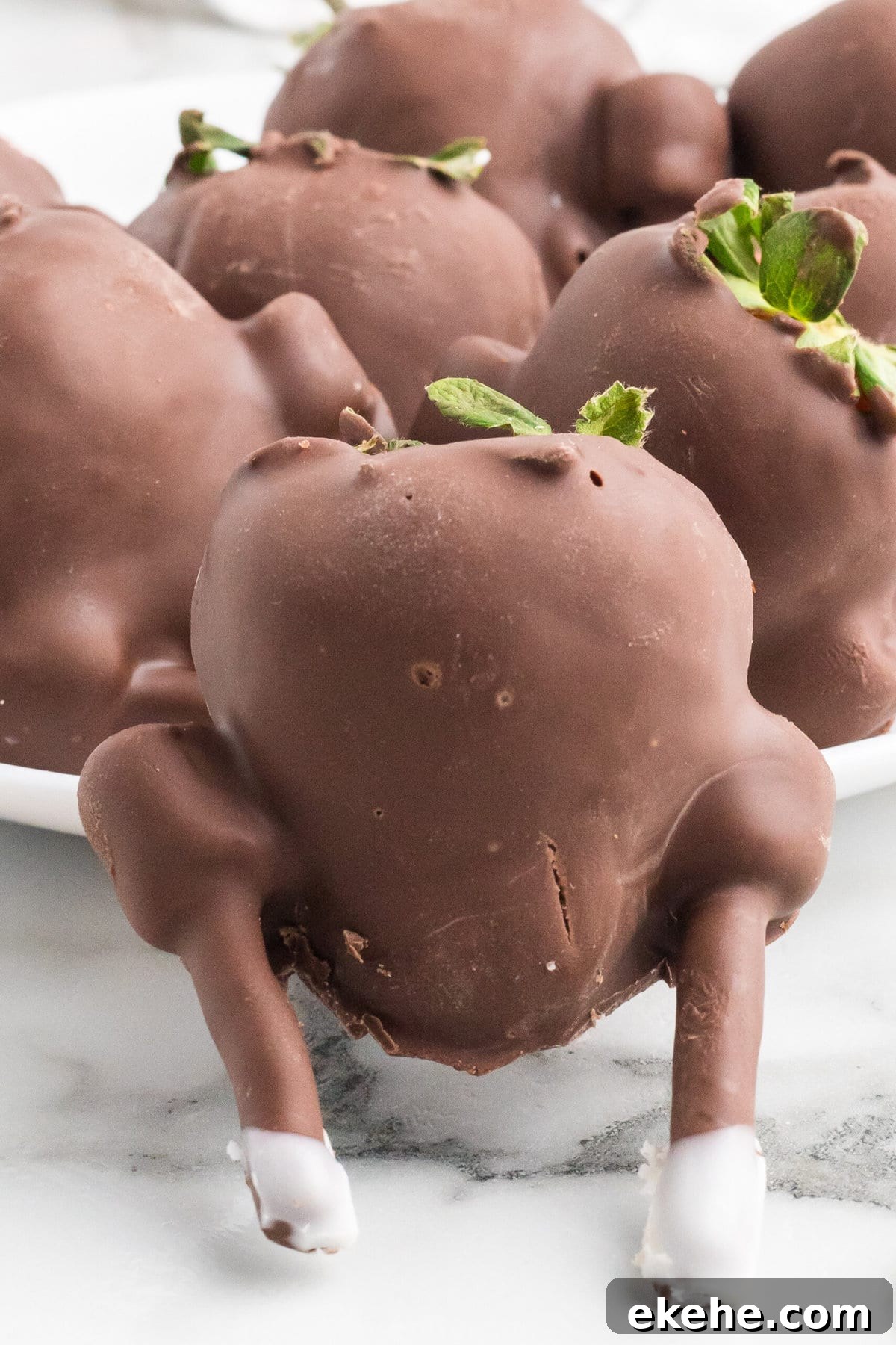 Chocolate-Covered Strawberry Turkey leaning on the plate.