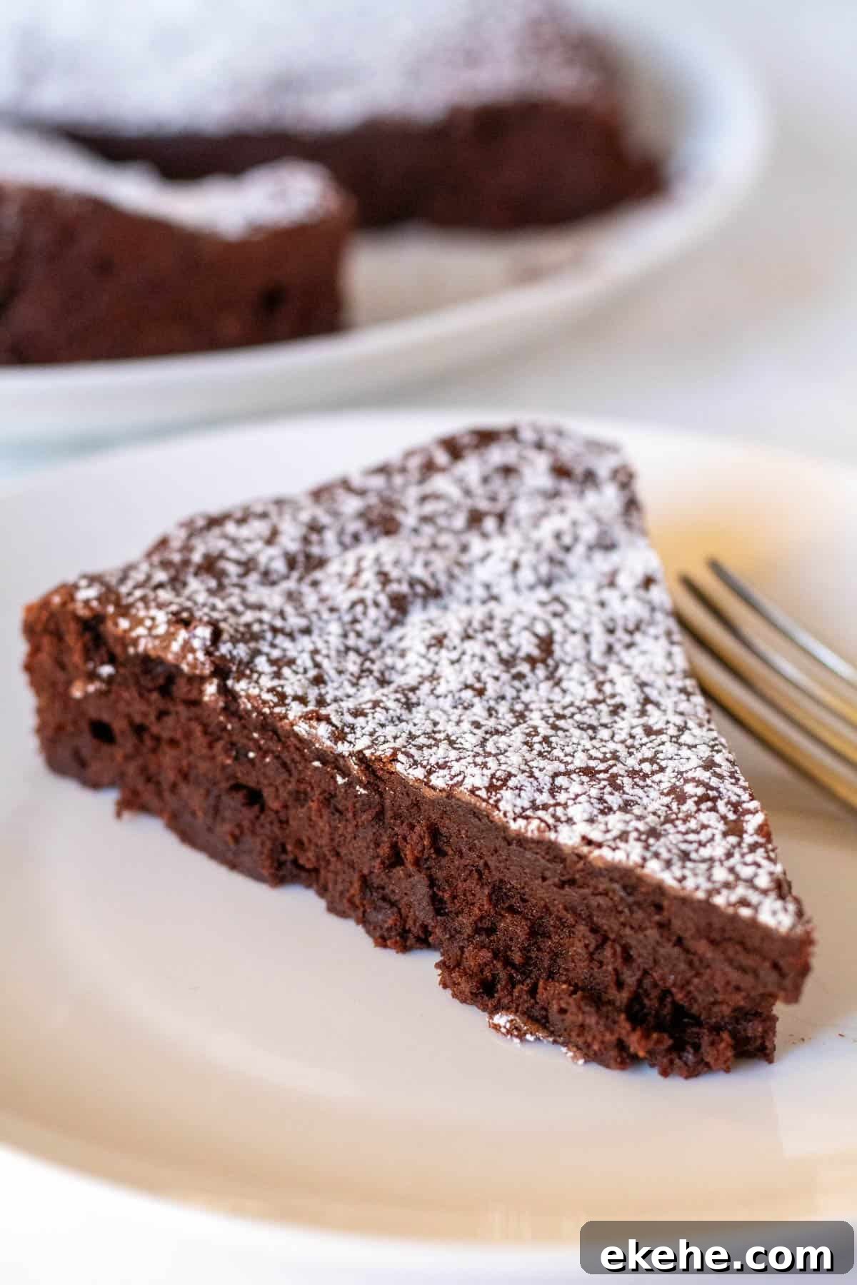 Piece of bittersweet cake on plate with fork, cake in background.