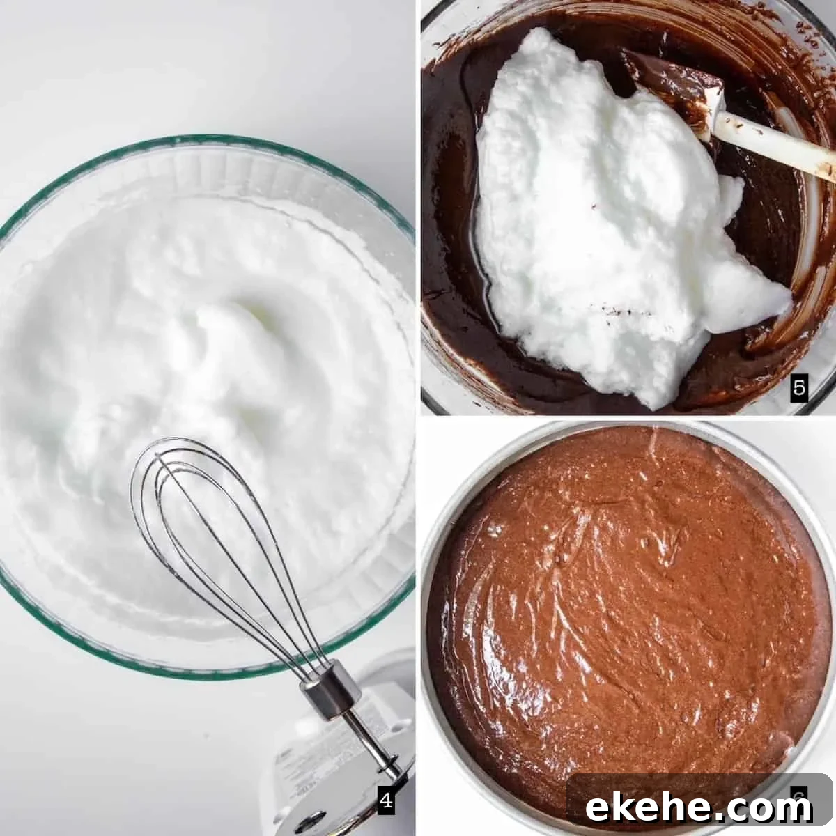 Three photo process photo collage showing whipped egg whites and folding into chocolate mixture.