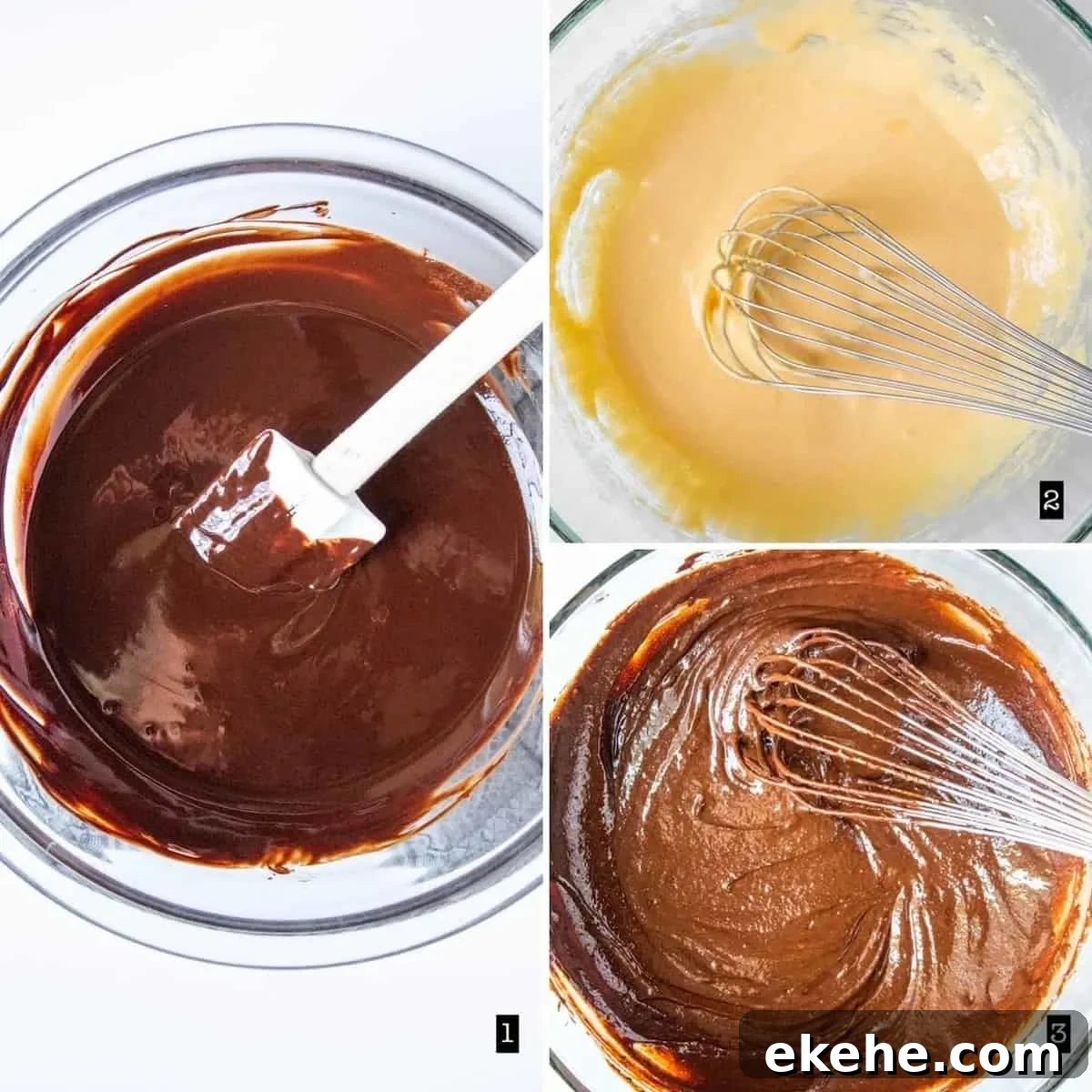 Three photo process collage mixing the chocolate cake batter.
