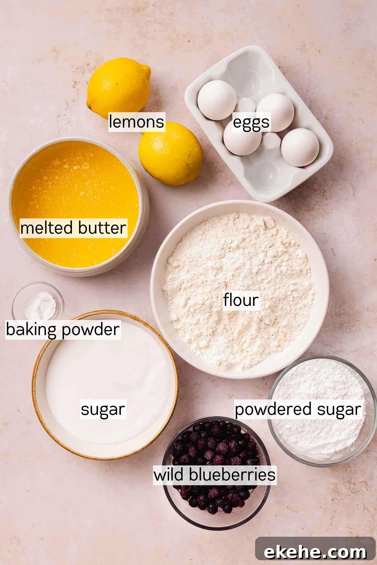 ingredients for blueberry brownies in bowls