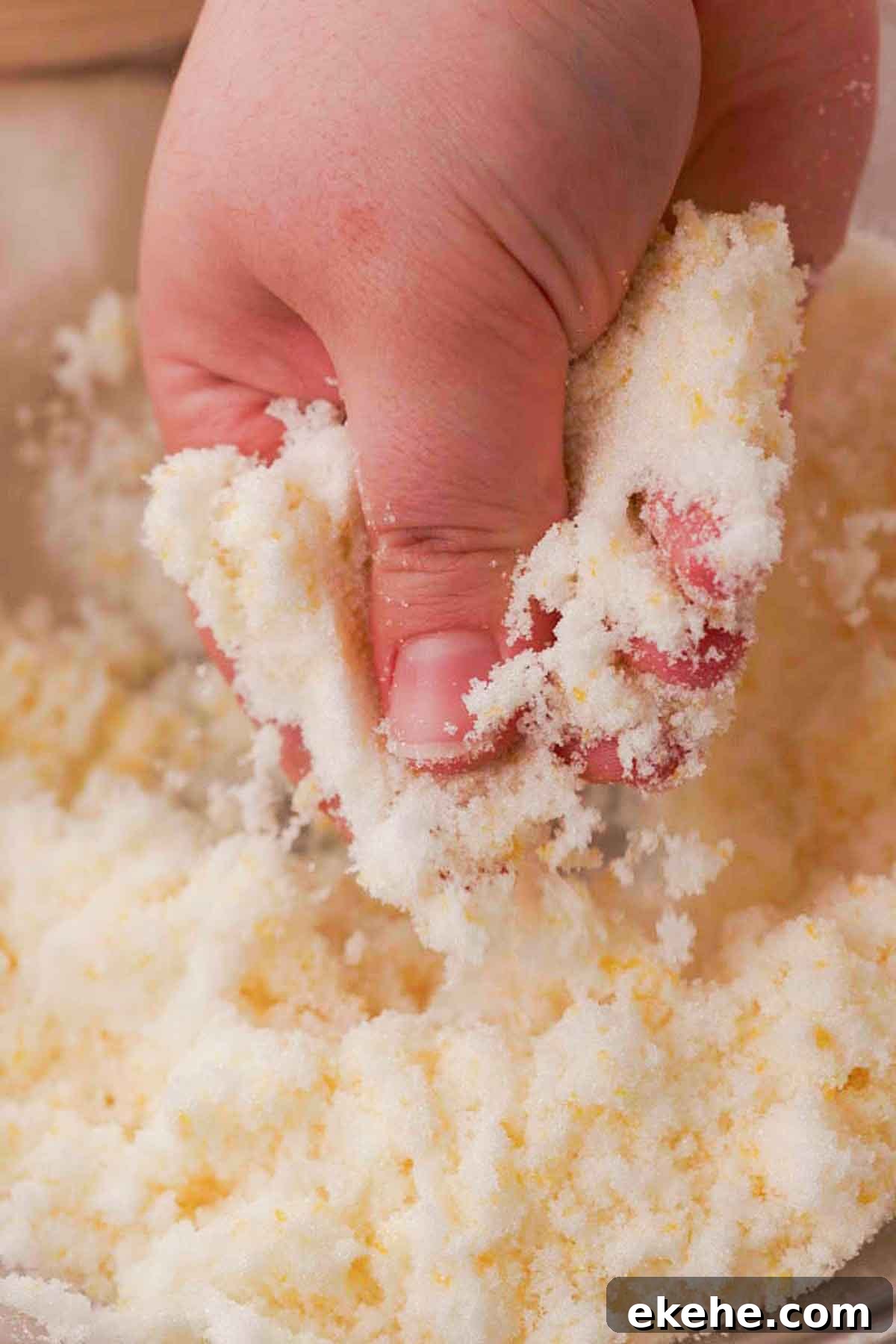 rubbing lemon zest and sugar with fingers