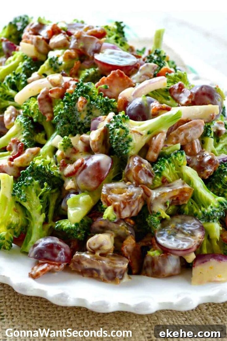simple broccoli salad in an oval serving plate