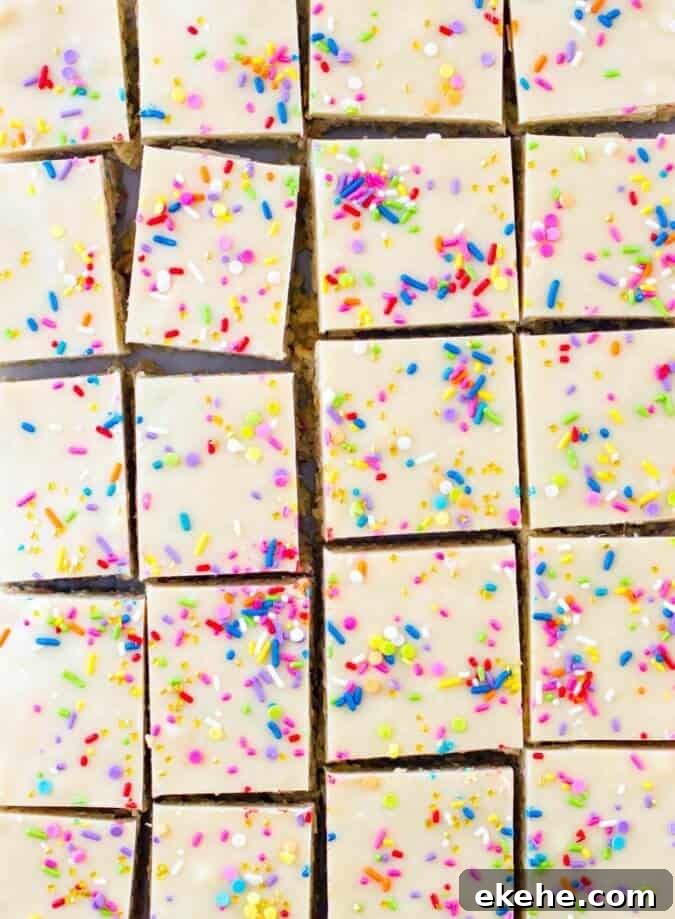 Overhead of cake batter rice krispie treats, cut in to squares