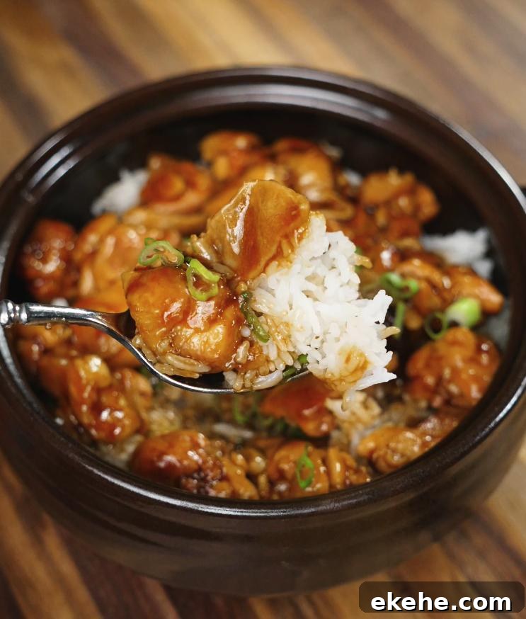 A spoonful of glossy, thick ginger braised chicken is being drizzled over a fresh bowl of steamed white rice, showcasing the final serving step.