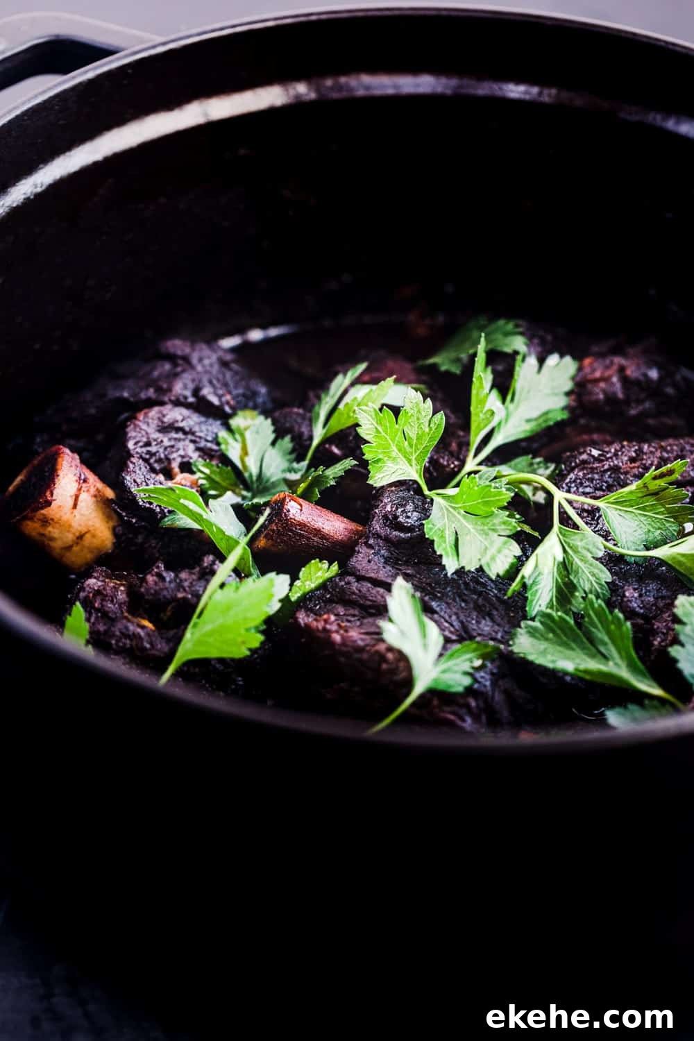 side angle shot of red wine braised short ribs, topped with parsley.