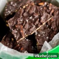 dark chocolate almond bark in a Christmas tin