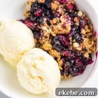 cranberry blueberry crisp in a bowl with ice cream