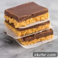 no bake chocolate peanut butter bars stacked