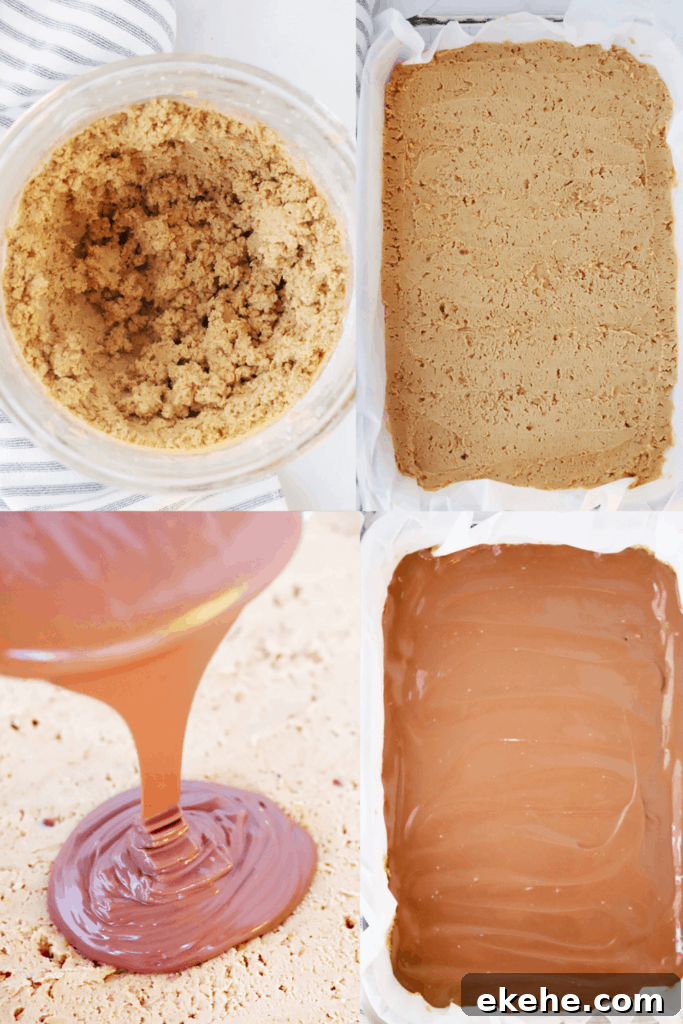 The steps for making these peanut butter no bake bars, including mixing the peanut butter filling, pressing it into a pan, and pouring melted chocolate over the top.