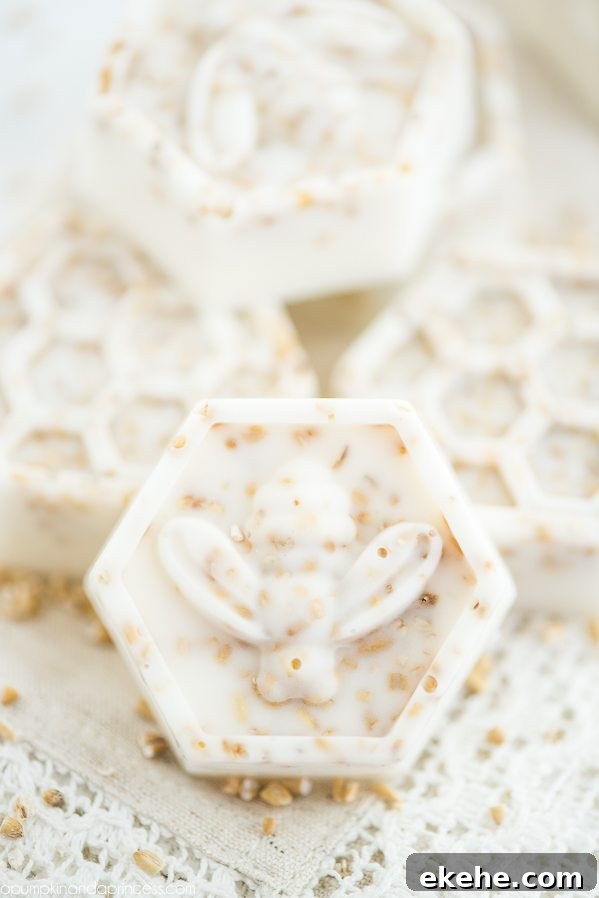 Handmade honey & oatmeal soap made with vanilla essential oil in a bee and honeycomb shape.