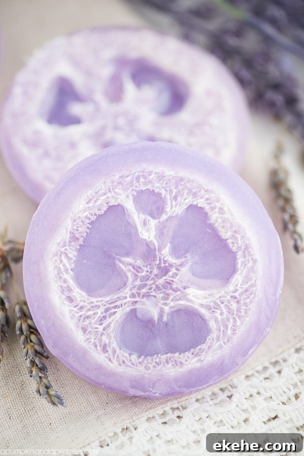 DIY loofah soap – how to make exfoliating loofah soap with lavender essential oil.