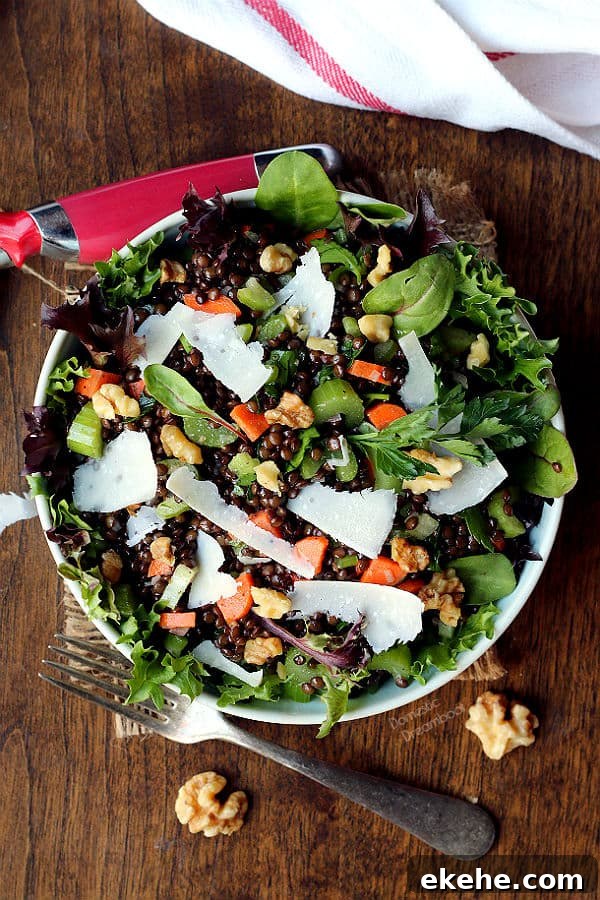 Overhead photo of black lentil salad in a bowl