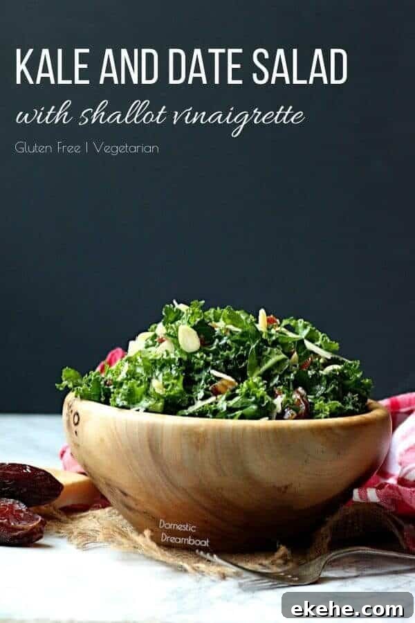 Kale and date salad in a wood bowl.