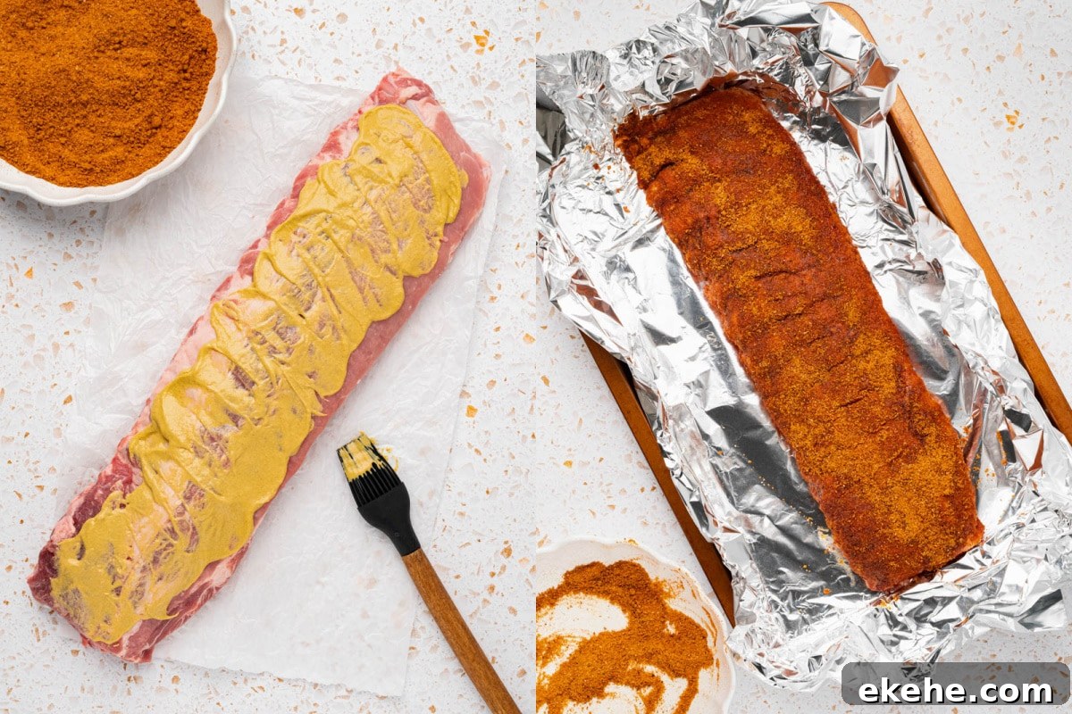 The baby back ribs are rubbed with mustard and then the bbq brown sugar before wrapping in foil to bake in the oven. 