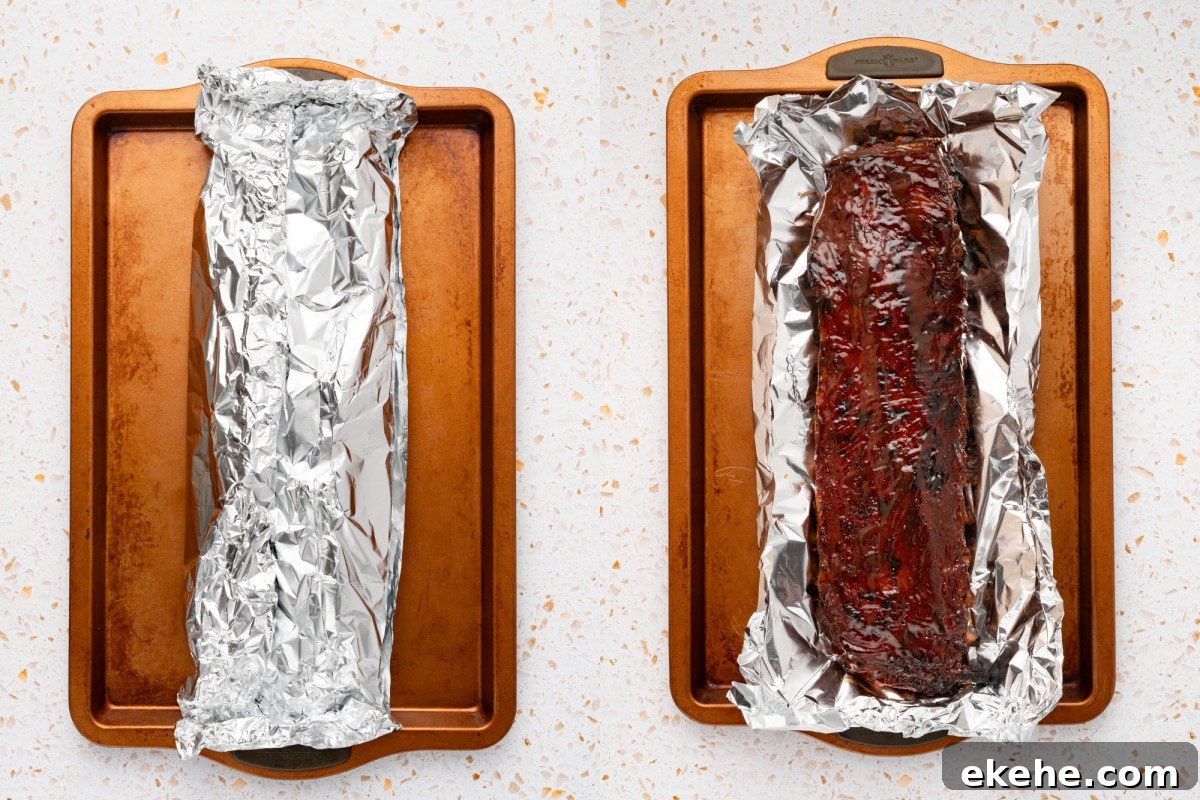 Wrapping ribs in foil before and after baking in the oven. 