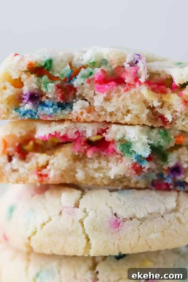 A funfetti cookie broken in half to showcase its chewy interior filled with sprinkles.