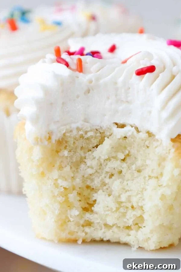 soft moist vanilla cupcakes with fluffy frosting.