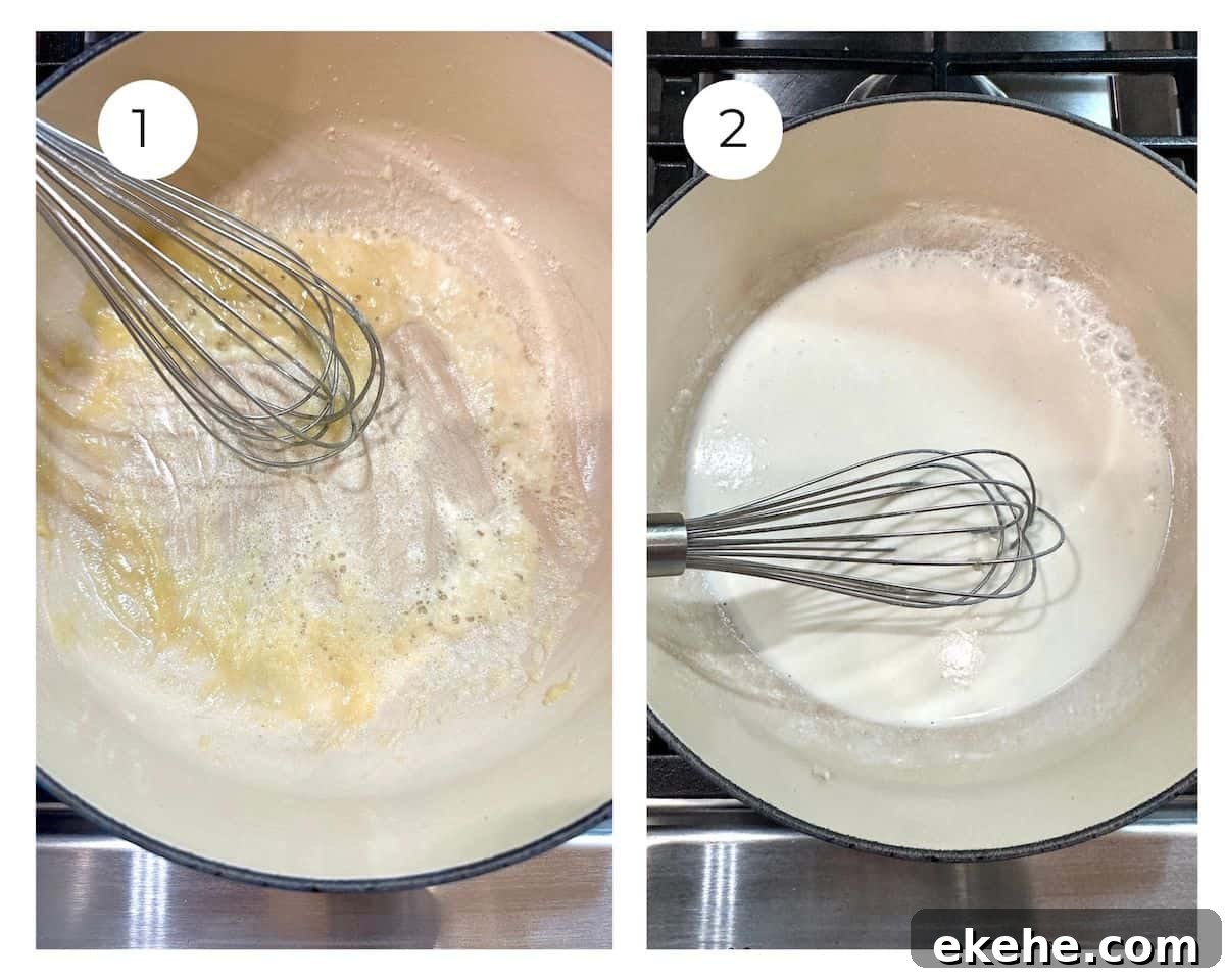 Butter and half and half with a whisk in the pan on the stove.