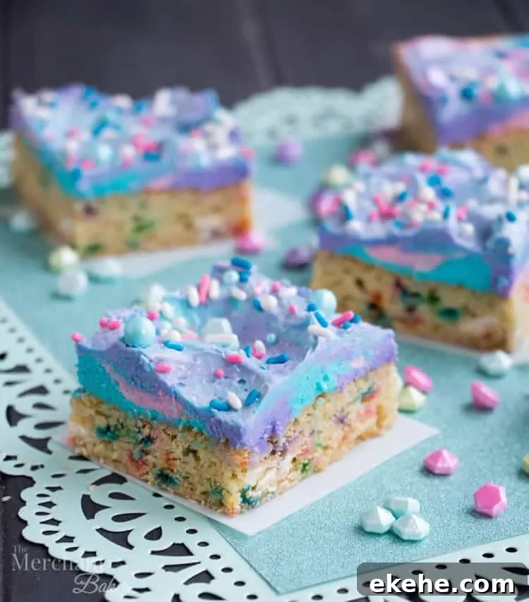 Mermaid Birthday Sugar Cookie Bars. Birthday cake flavored sugar cookie bars, topped with colorful swirls of frosting and festive sprinkles.
