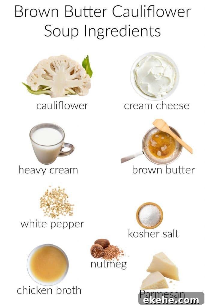 Collage of ingredients for making cream of cauliflower soup.