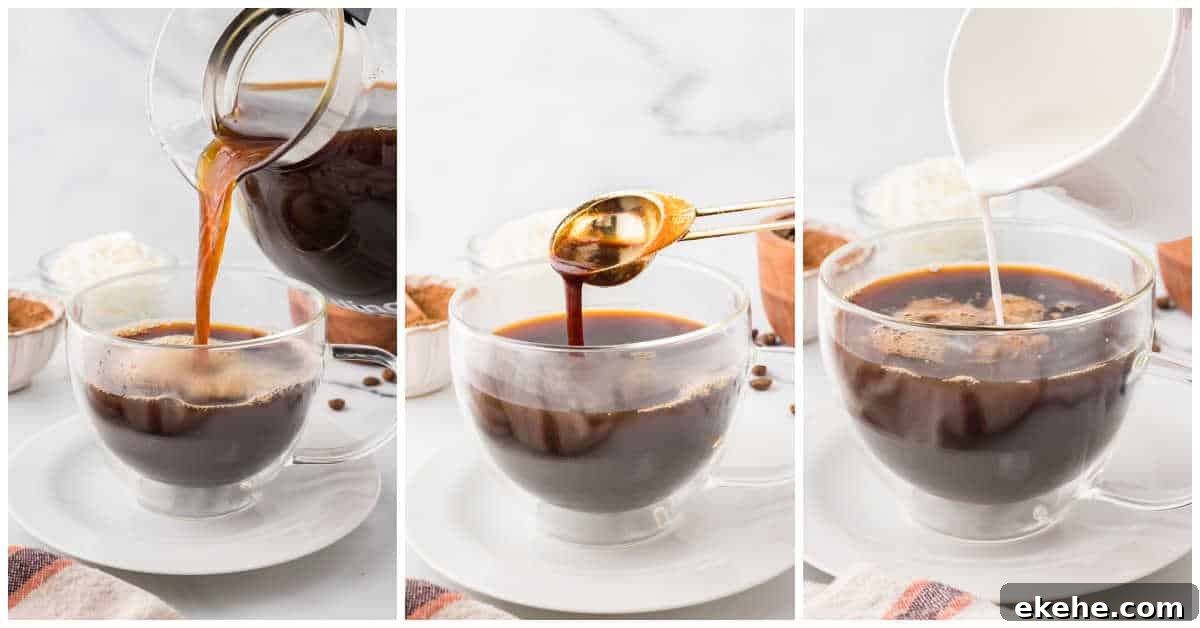 Collage of adding the recipe to a glass mug.