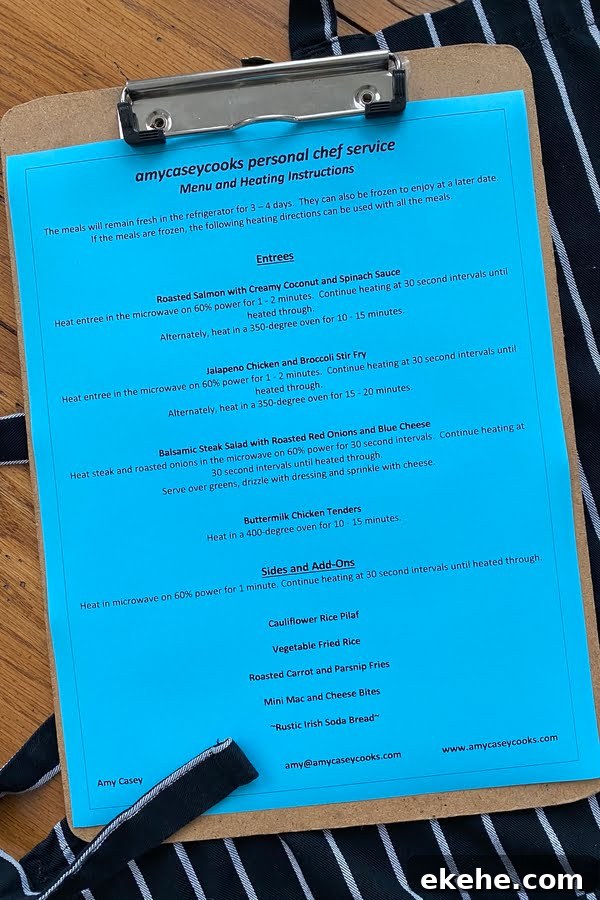 a personal chef client menu