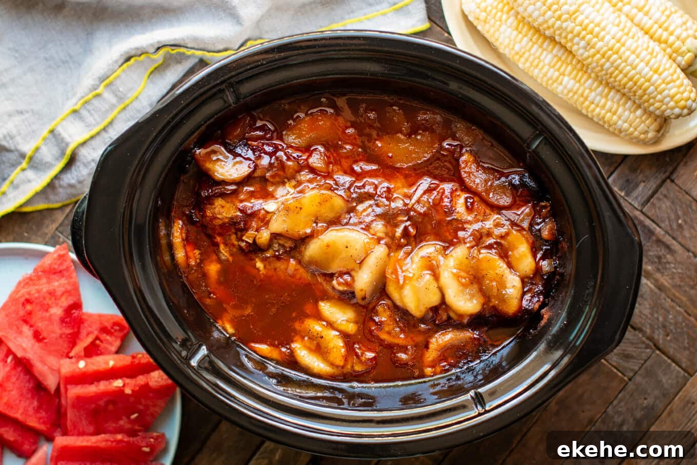 pork loin cooked with apples and barbecue sauce.