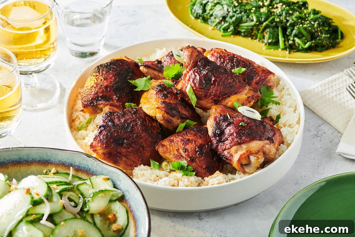 Miso chicken thighs on white serving dish over rice with Asian salads on table.