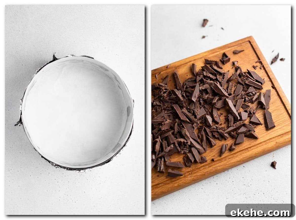 Photo 1: Cake ring wrapped with foil and lined with parchment Photo 2: Chopped chocolate 