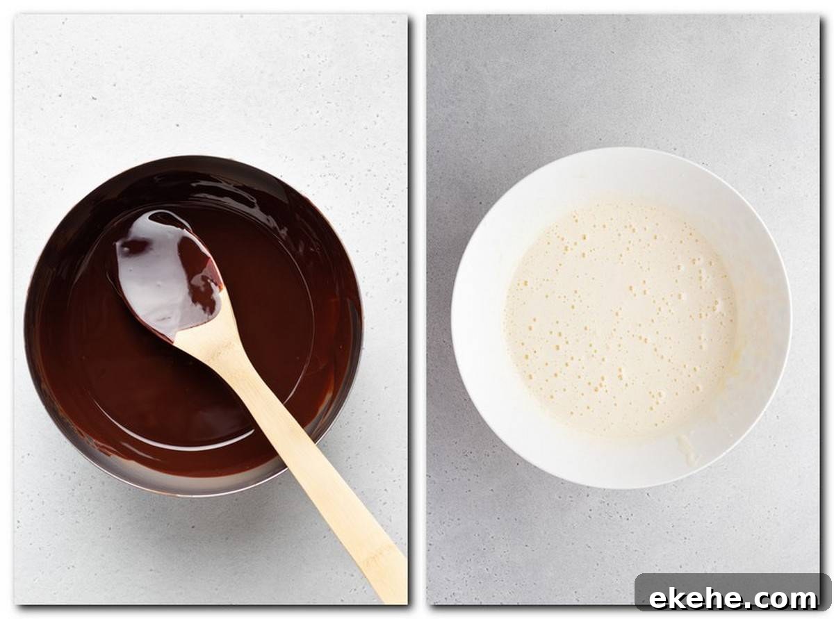 Photo 3: Melted chocolate in a bowl Photo 4: Beaten eggs with sugar in a bowl 