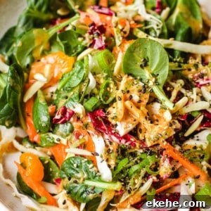 Mandarin Orange Salad recipe with chicken, tossed in an Asian peanut sauce made with almond butter.