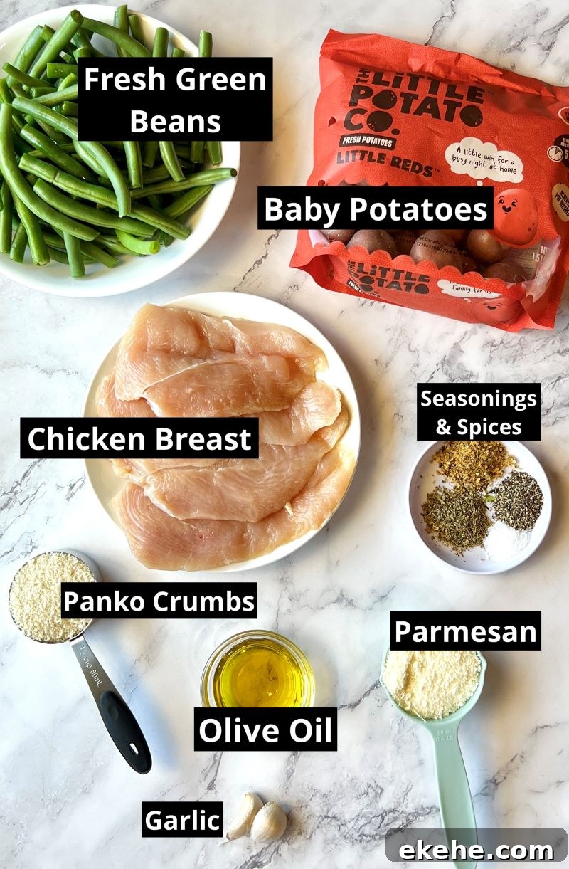 Ingredients list for crispy parmesan chicken sheet pan meal. Fresh green beans, baby red potatoes, chicken breast, lemon pepper, Italian seasoning, salt and pepper, panko bread crumbs, parmesan cheese, fresh garlic, and olive oil.