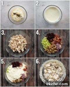 6 step by step photos showing how to make chicken salad