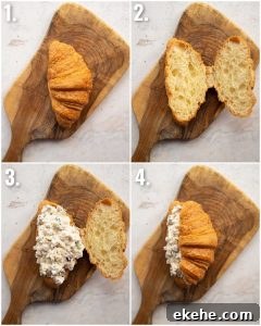4 step by step photos showing how to make a croissant sandwich