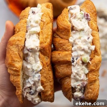 overhead shot of hand holding two croissant sandwiches