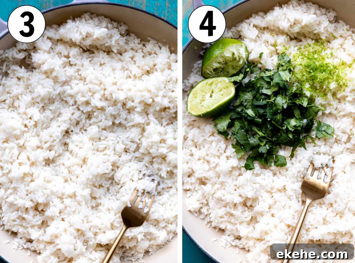 How to make white mexican rice with cilantro, showing white rice after cooking then cilantro, lime zest and lime juice being added.
