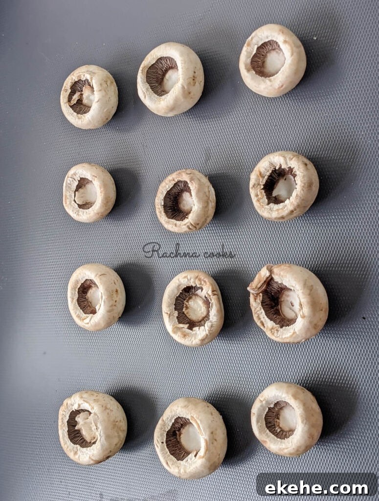 twelve mushrooms with their caps removed on a grey background