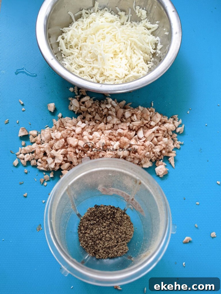 Pepper in a transparent jar, chopped mushroom stumps and grated cheese in a bowl