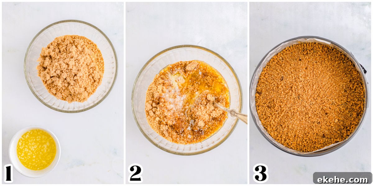 The cheesecake crust mixture pressed into a springform pan.