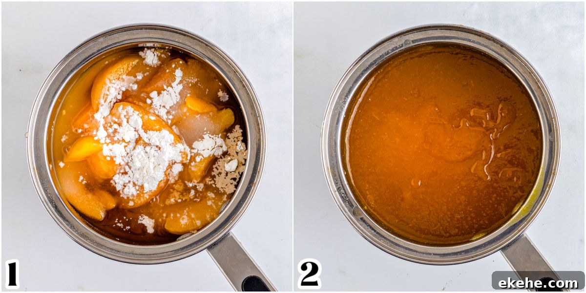 The peach cheesecake topping in a saucepan.