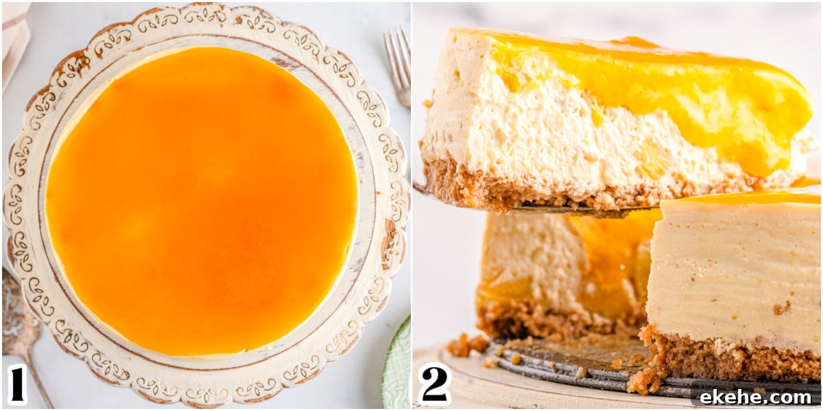 Peach topping poured over cheesecake and sliced and served.