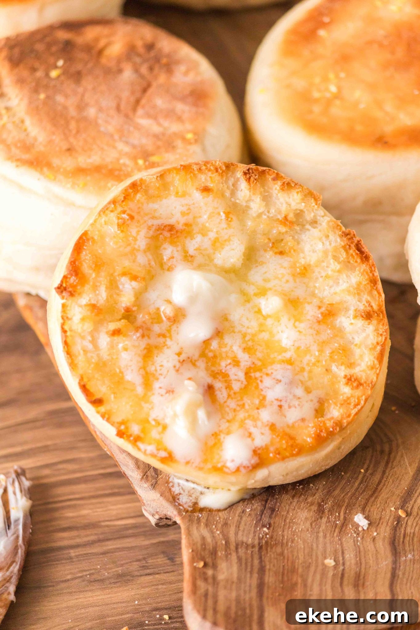 Buttered, homemade English muffin ready to eat. Hostess At Heart