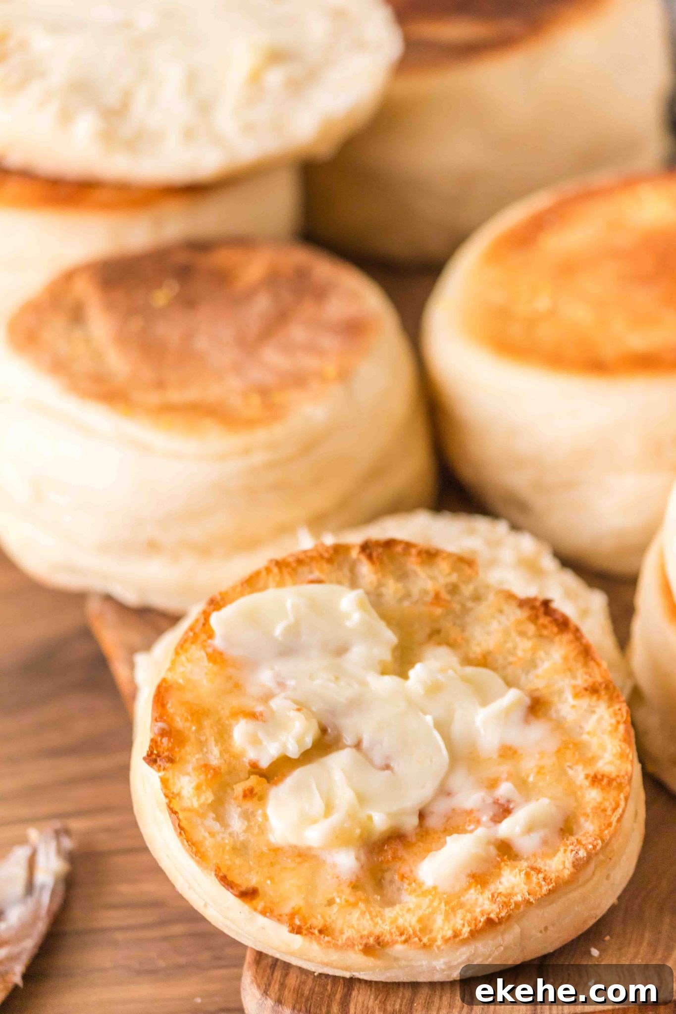 Buttered, homemade English muffin ready to eat. Hostess At Heart