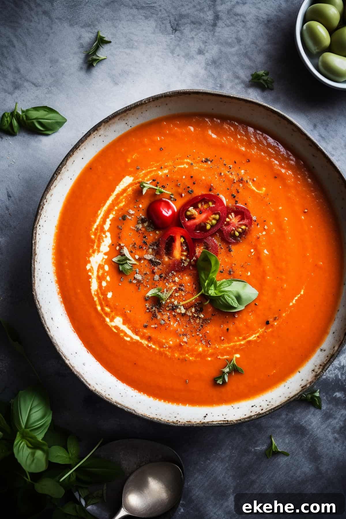 Roasted tomato soup with a drizzle of fresh cream.