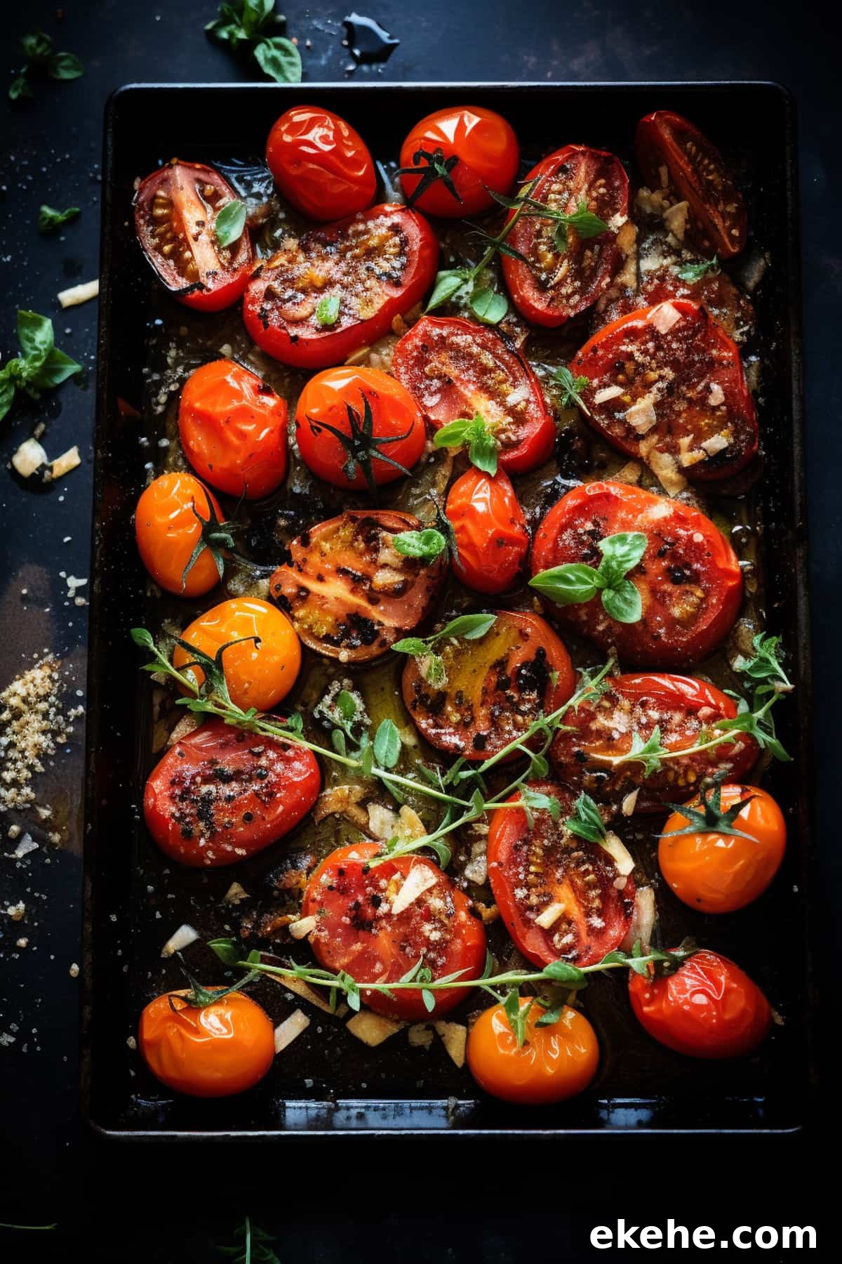 Roasted tomatoes on a baking tray.