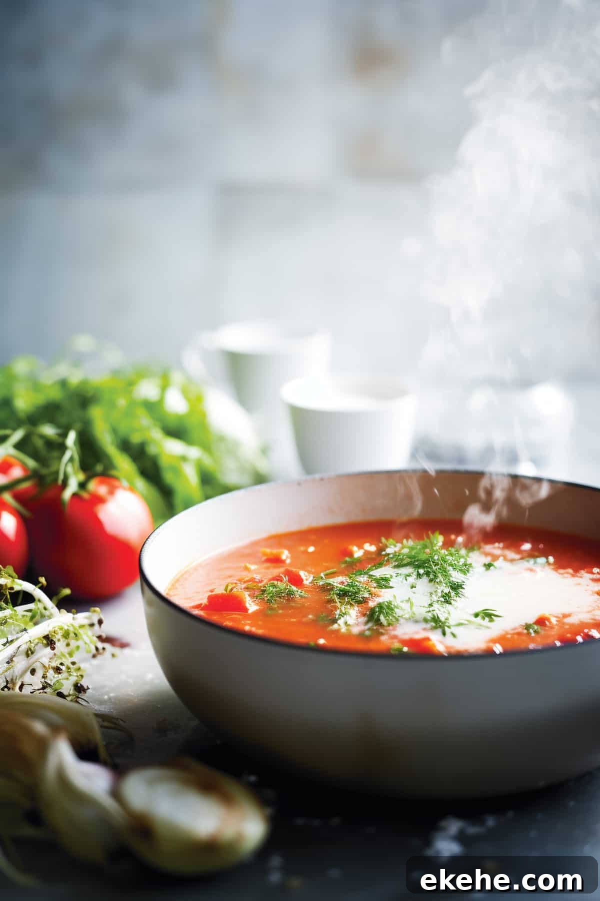 Roasted tomato soup simmering in a pot.